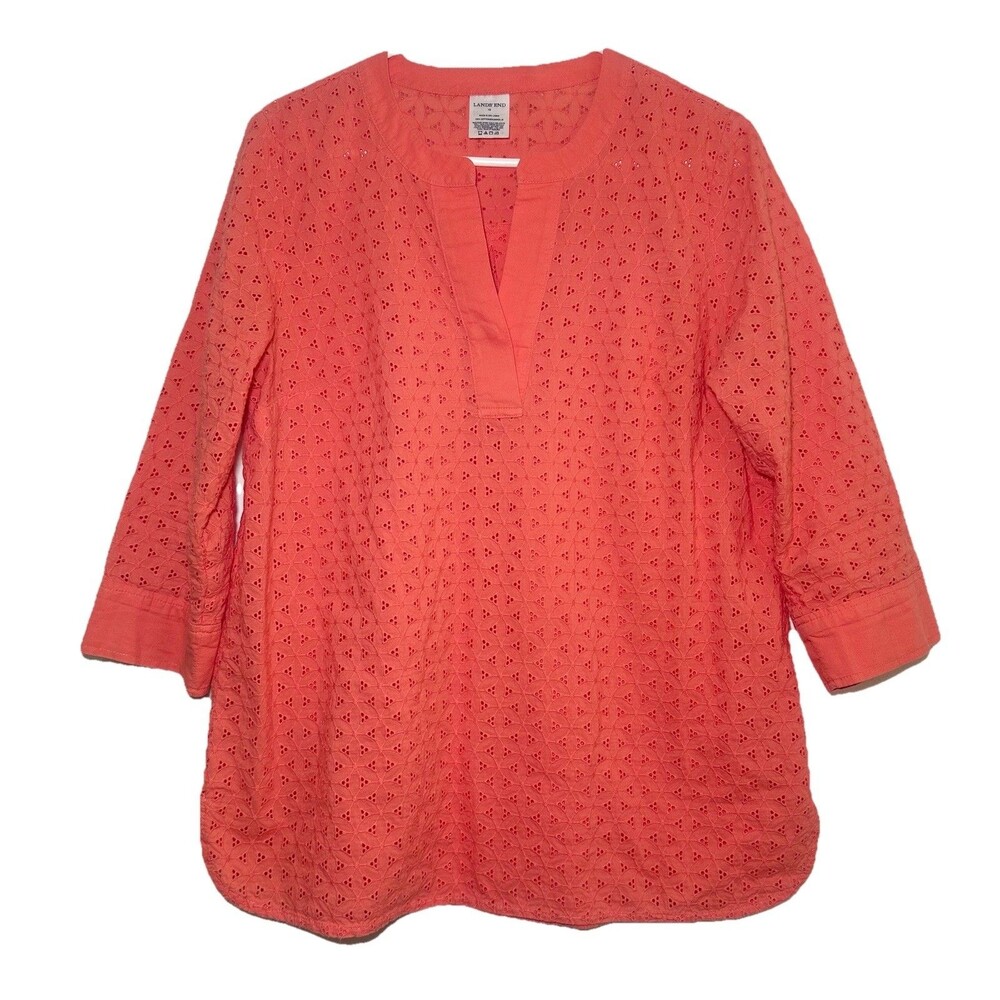 Lands End Coral Eyelet Cotton Tunic Blouse Women 10 Summer